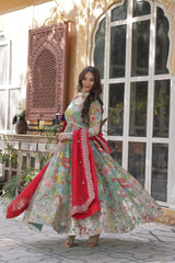 Designer Multi Color Gown In Russian Silk With Print And Embroidery With Dupatta