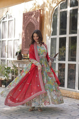 Designer Multi Color Gown In Russian Silk With Print And Embroidery With Dupatta