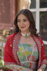 Designer Multi Color Gown In Russian Silk With Print And Embroidery With Dupatta