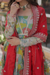 Designer Multi Color Gown In Russian Silk With Print And Embroidery With Dupatta