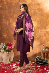 STYLISH PURPLE EMBROIDERED KURTA PANT SET WITH FLORAL DUPATTA