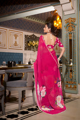 Pink Color Designer Indian Saree With Digital Print and Pearl Lace in Georgette