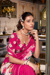 Pink Color Designer Indian Saree With Digital Print and Pearl Lace in Georgette