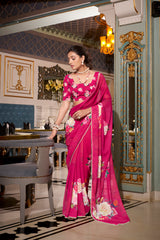 Pink Color Designer Indian Saree With Digital Print and Pearl Lace in Georgette