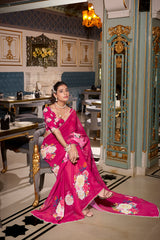 Pink Color Designer Indian Saree With Digital Print and Pearl Lace in Georgette