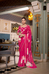 Pink Color Designer Indian Saree With Digital Print and Pearl Lace in Georgette