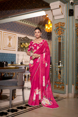 Pink Color Designer Indian Saree With Digital Print and Pearl Lace in Georgette