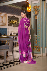 Purple Color Designer Indian Saree With Digital Print and Pearl Lace in Georgette