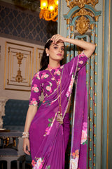Purple Color Designer Indian Saree With Digital Print and Pearl Lace in Georgette