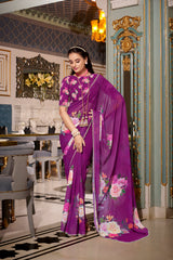 Purple Color Designer Indian Saree With Digital Print and Pearl Lace in Georgette