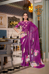 Purple Color Designer Indian Saree With Digital Print and Pearl Lace in Georgette