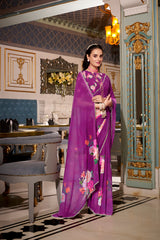 Purple Color Designer Indian Saree With Digital Print and Pearl Lace in Georgette