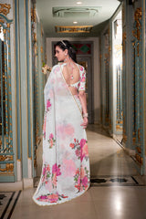 White Color Designer Indian Saree With Digital Print and Pearl Lace in Georgette