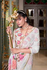 White Color Designer Indian Saree With Digital Print and Pearl Lace in Georgette