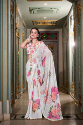 White Color Designer Indian Saree With Digital Print and Pearl Lace in Georgette
