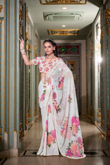 White Color Designer Indian Saree With Digital Print and Pearl Lace in Georgette