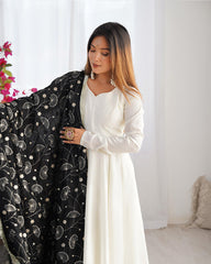Saesha White Anarkali Gown Set with Black Dupatta