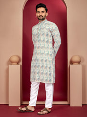 Blue Wedding Mens Kurta Pajama In Rayon With Heavy Lucknowi And Printed Work