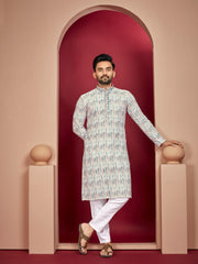 Blue Wedding Mens Kurta Pajama In Rayon With Heavy Lucknowi And Printed Work