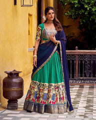 ELEGANT GREEN KALAMKARI PRINTED CHANDERI SILK HALF SAREE LEHENGA
