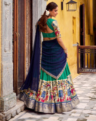 ELEGANT GREEN KALAMKARI PRINTED CHANDERI SILK HALF SAREE LEHENGA