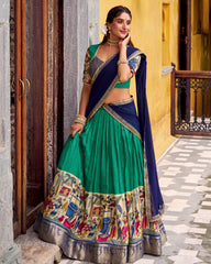 ELEGANT GREEN KALAMKARI PRINTED CHANDERI SILK HALF SAREE LEHENGA