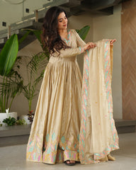 Cream Color Chinnon Sequence Embroidered Gown
