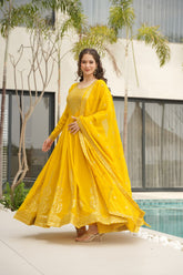 Designer Readymade Anarkali Gown Set In Radiant Yellow & Royal Red With Zari Sequins Embroidery And Dupatta
