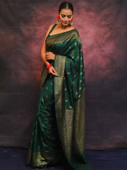 ADORNING DARK GREEN SOFT SILK SAREE WITH PROMINENT BLOUSE PIECE