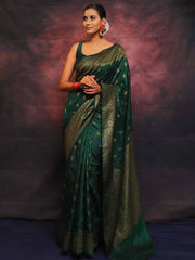 ADORNING DARK GREEN SOFT SILK SAREE WITH PROMINENT BLOUSE PIECE