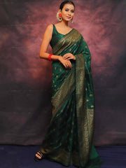 ADORNING DARK GREEN SOFT SILK SAREE WITH PROMINENT BLOUSE PIECE