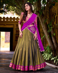 ADORABLE MEHENDI KANCHIPURAM SILK ONAM WEAR HALF SAREE LEHENGA