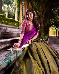 ADORABLE MEHENDI KANCHIPURAM SILK ONAM WEAR HALF SAREE LEHENGA