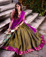 ADORABLE MEHENDI KANCHIPURAM SILK ONAM WEAR HALF SAREE LEHENGA