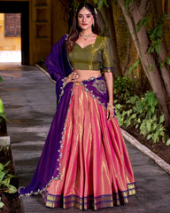 ENCHANTING PEACH ZARI WEAVING FESTIVE HALF SAREE LEHENGA CHOLI