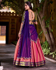 ENCHANTING PEACH ZARI WEAVING FESTIVE HALF SAREE LEHENGA CHOLI