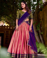 ENCHANTING PEACH ZARI WEAVING FESTIVE HALF SAREE LEHENGA CHOLI