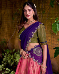 ENCHANTING PEACH ZARI WEAVING FESTIVE HALF SAREE LEHENGA CHOLI