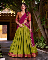 FANTASTIC OLIVE GREEN KANCHIPURAM SILK TRADITIONAL HALF SAREE LEHENGA