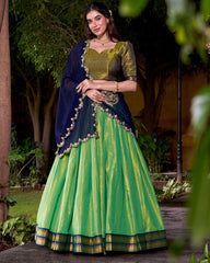 MAGNETIC GREEN KANCHIPURAM SILK ZARI WEAVING HALF SAREE LEHENGA