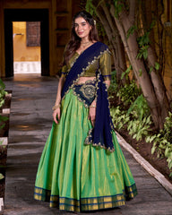 MAGNETIC GREEN KANCHIPURAM SILK ZARI WEAVING HALF SAREE LEHENGA