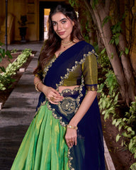 MAGNETIC GREEN KANCHIPURAM SILK ZARI WEAVING HALF SAREE LEHENGA
