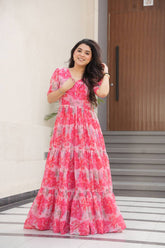 GLAMOROUS PEACH GEORGETTE FLORAL PRINTED CASUAL WEAR GOWN