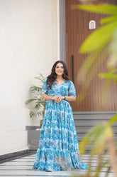 STUNNING SKY BLUE GEORGETTE FLORAL PRINTED TRADITIONAL GOWN