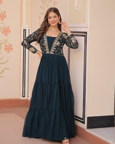 Feminine Teal Blue Sequins Embroidery Georgette Engagement Wear Gown