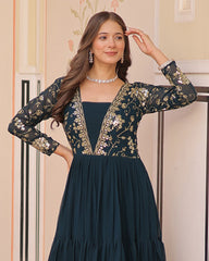 Feminine Teal Blue Sequins Embroidery Georgette Engagement Wear Gown