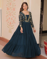 Feminine Teal Blue Sequins Embroidery Georgette Engagement Wear Gown