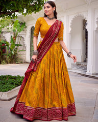 ELEGANT YELLOW SILK BANDHANI PRINTED HALDI WEAR LEHENGA CHOLI