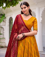 ELEGANT YELLOW SILK BANDHANI PRINTED HALDI WEAR LEHENGA CHOLI