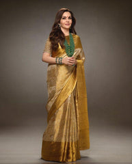 BOLLYWOOD-INSPIRED ENGAGING GOLDEN SOFT TISSUE SILK SAREE WITH PRODIGAL BLOUSE PIECE